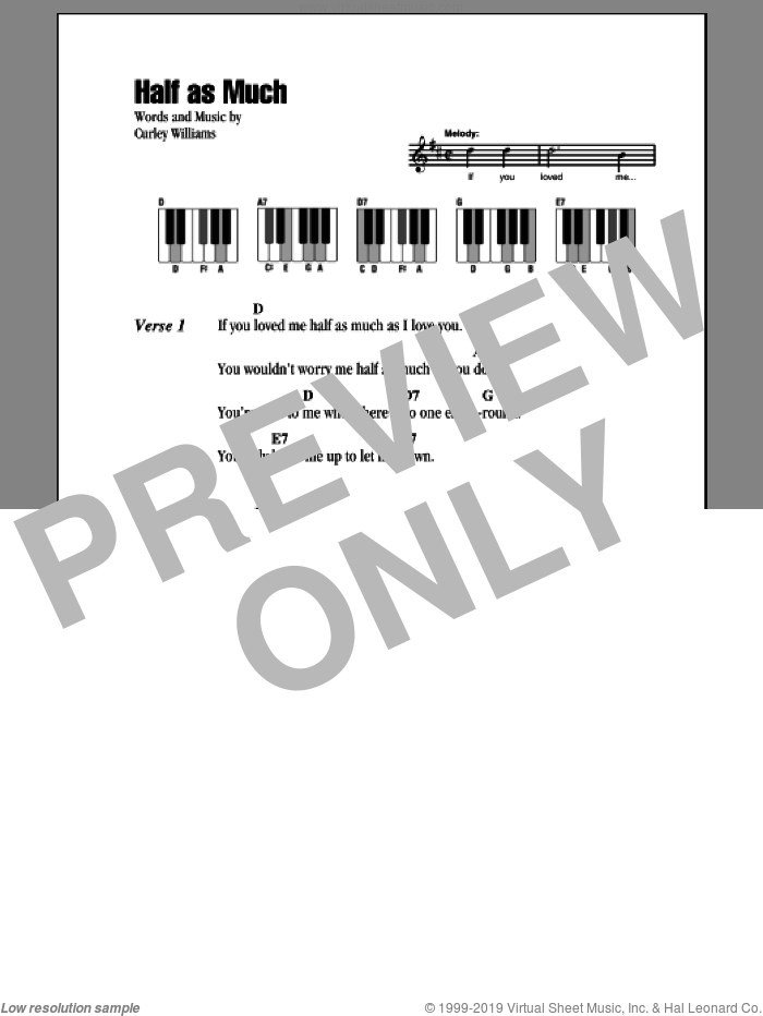 Half As Much sheet music for piano solo (chords, lyrics, melody) by Hank Williams and Curley Williams, intermediate piano (chords, lyrics, melody)