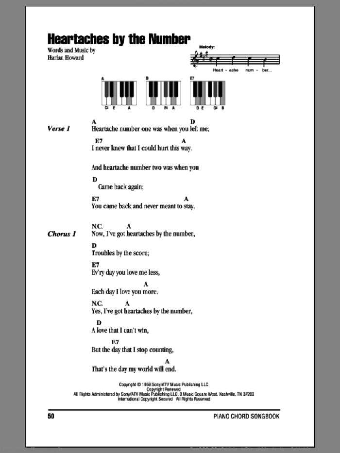 Heartaches By The Number sheet music for piano solo (chords, lyrics, melody) by Guy Mitchell and Harlan Howard, intermediate piano (chords, lyrics, melody)