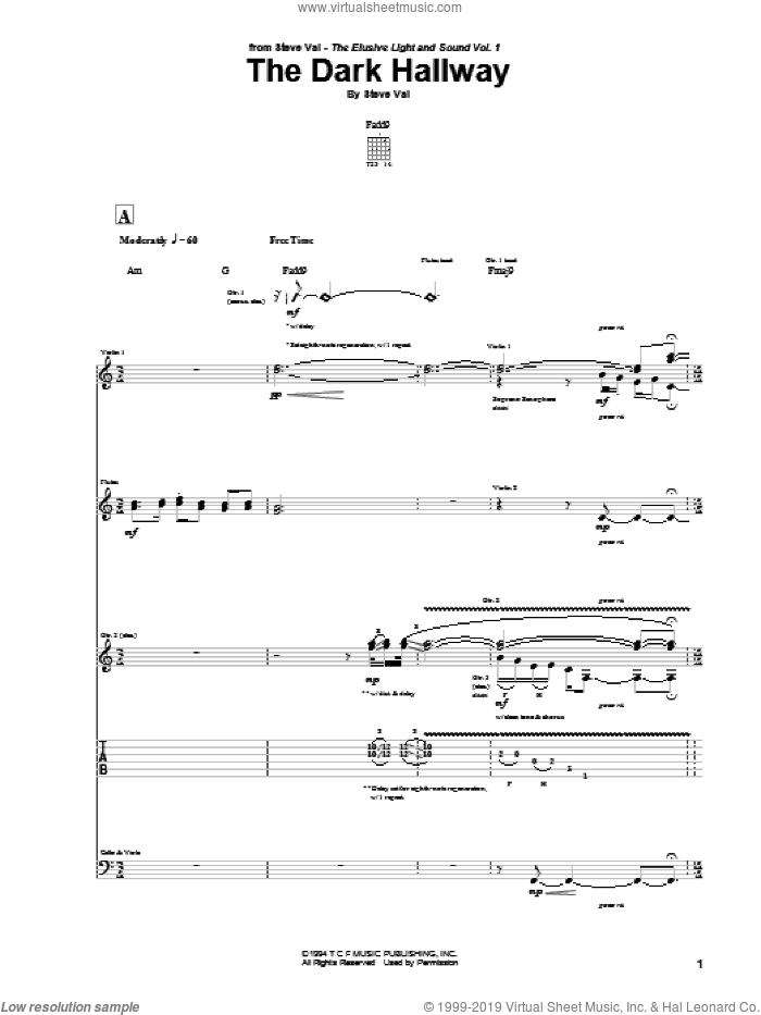 The Dark Hallway sheet music for guitar (tablature) by Steve Vai, intermediate skill level
