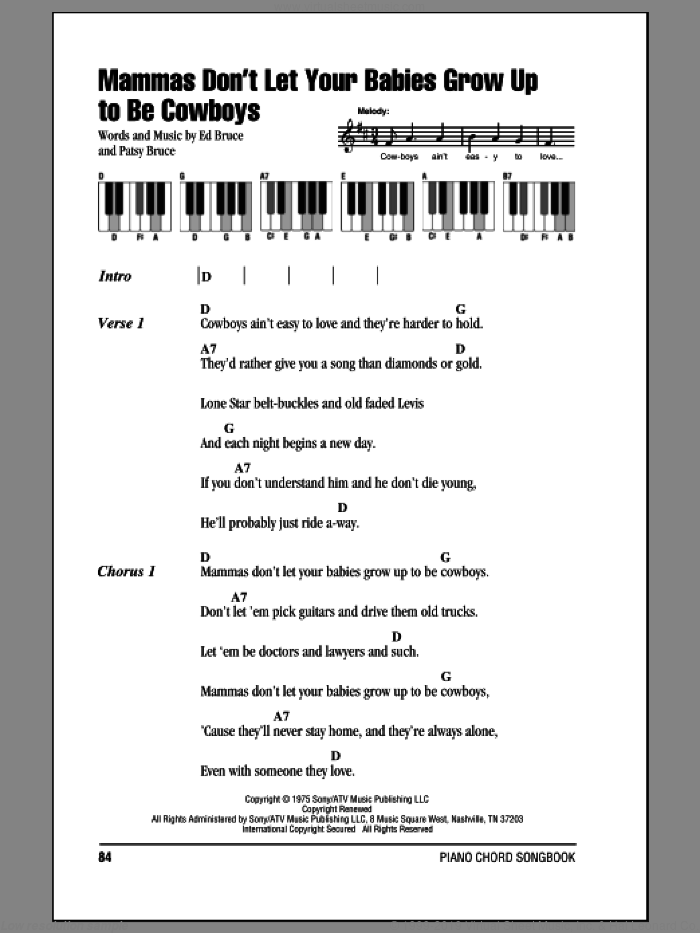 Mammas Don't Let Your Babies Grow Up To Be Cowboys sheet music for piano solo (chords, lyrics, melody) by Ed Bruce, Willie Nelson and Patsy Bruce, intermediate piano (chords, lyrics, melody)