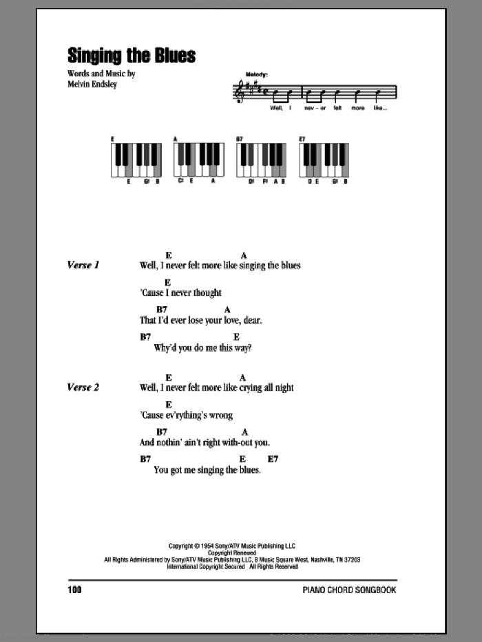 Singing The Blues sheet music for piano solo (chords, lyrics, melody) by Guy Mitchell and Melvin Endsley, intermediate piano (chords, lyrics, melody)