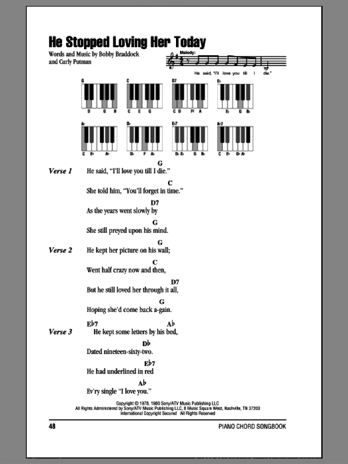 He Stopped Loving Her Today sheet music for piano solo (chords, lyrics, melody) by George Jones, Bobby Braddock and Curly Putman, intermediate piano (chords, lyrics, melody)