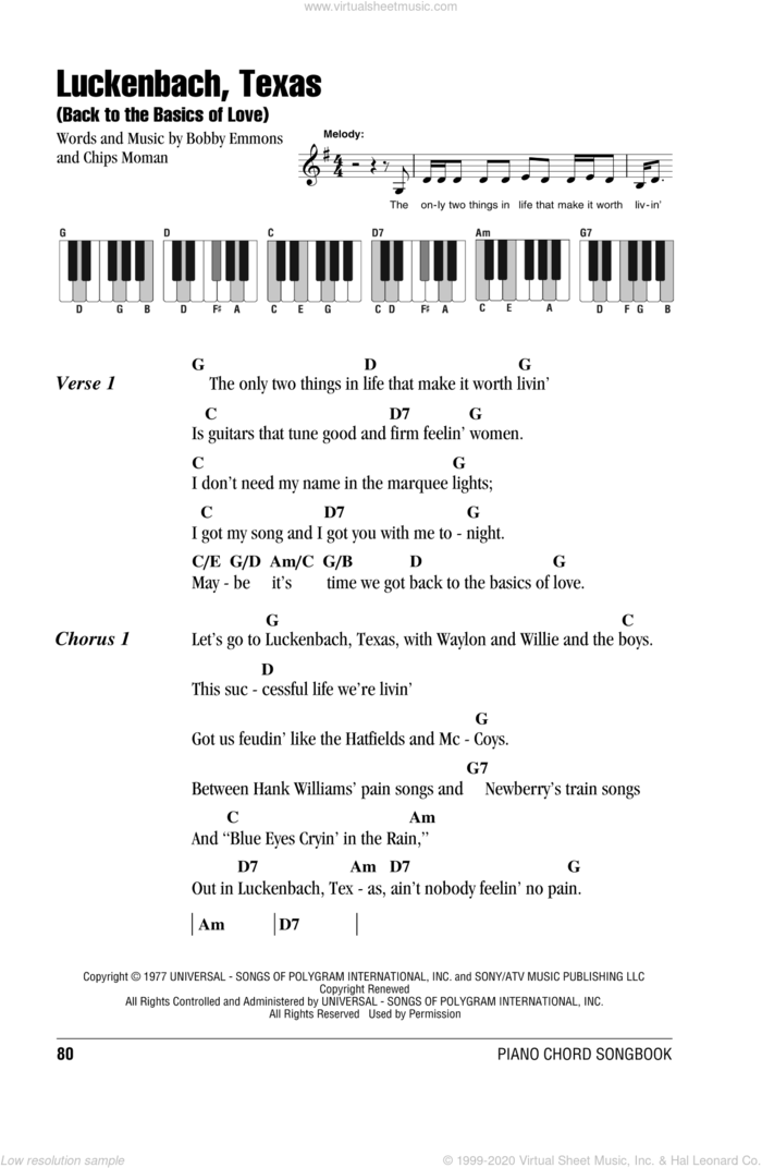 Luckenbach, Texas (Back To The Basics Of Love) sheet music for piano solo (chords, lyrics, melody) by Waylon Jennings, Bobby Emmons and Chips Moman, intermediate piano (chords, lyrics, melody)