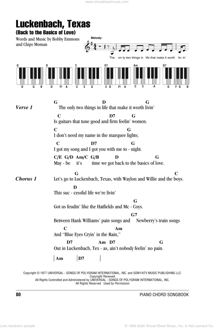 Luckenbach, Texas (Back To The Basics Of Love) sheet music for piano solo (chords, lyrics, melody) by Waylon Jennings, Bobby Emmons and Chips Moman, intermediate piano (chords, lyrics, melody)