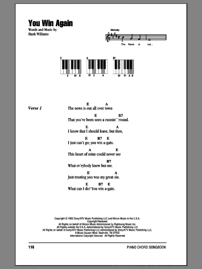 You Win Again sheet music for piano solo (chords, lyrics, melody) by Hank Williams, intermediate piano (chords, lyrics, melody)