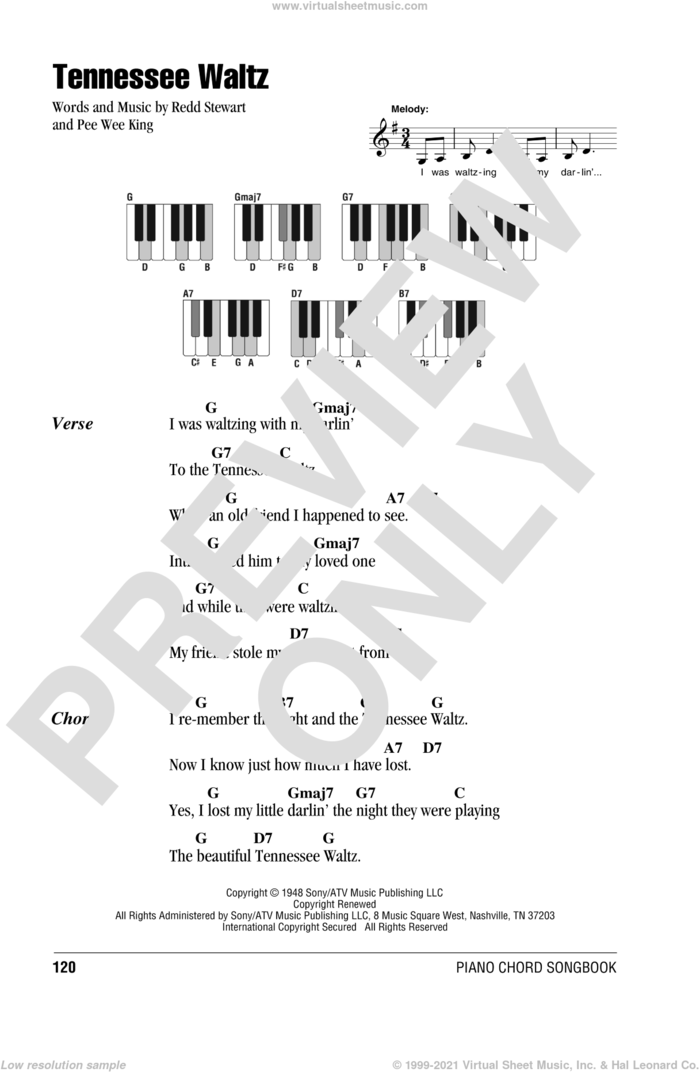 Tennessee Waltz sheet music for piano solo (chords, lyrics, melody) by Patti Page and Redd Stewart, intermediate piano (chords, lyrics, melody)