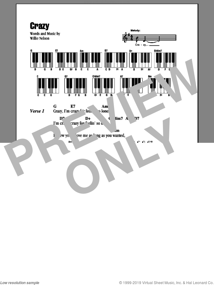 Crazy sheet music for piano solo (chords, lyrics, melody) by Patsy Cline and Willie Nelson, intermediate piano (chords, lyrics, melody)