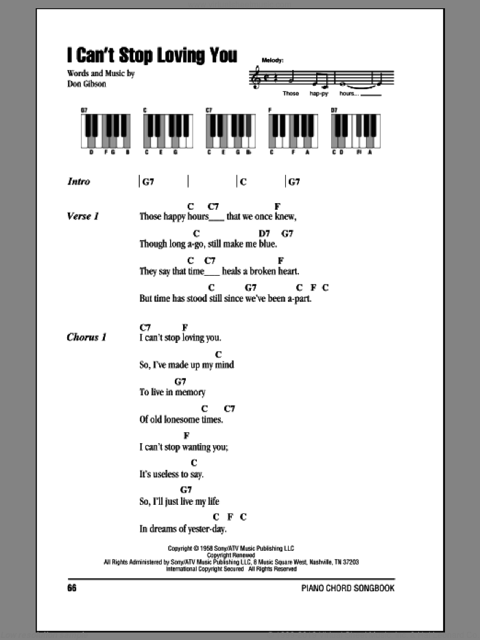 I Can't Stop Loving You sheet music for piano solo (chords, lyrics, melody) by Don Gibson, intermediate piano (chords, lyrics, melody)