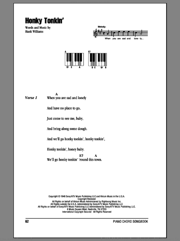 Honky Tonkin' sheet music for piano solo (chords, lyrics, melody) by Hank Williams, intermediate piano (chords, lyrics, melody)