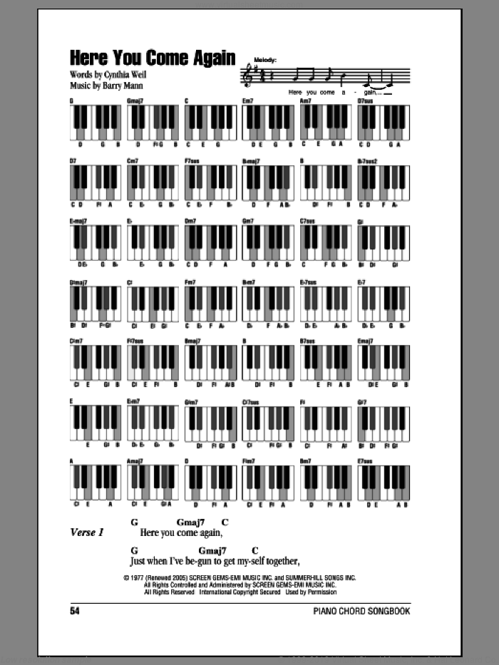 Here You Come Again sheet music for piano solo (chords, lyrics, melody) by Dolly Parton, Barry Mann and Cynthia Weil, intermediate piano (chords, lyrics, melody)