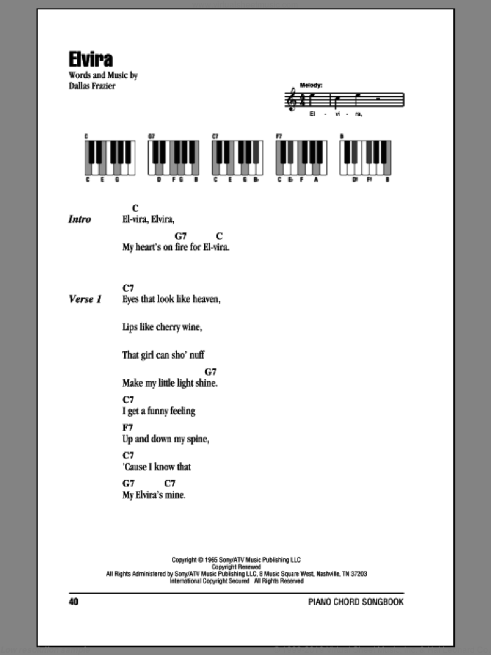 Elvira sheet music for piano solo (chords, lyrics, melody) by Oak Ridge Boys and Dallas Frazier, intermediate piano (chords, lyrics, melody)