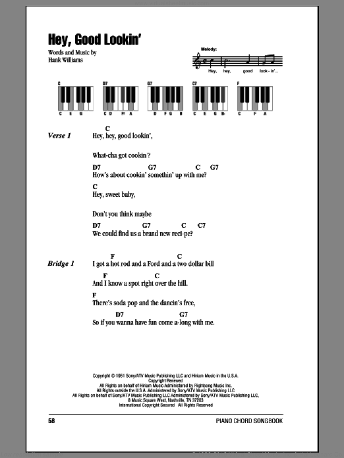 Hey, Good Lookin' sheet music for piano solo (chords, lyrics, melody) by Hank Williams, intermediate piano (chords, lyrics, melody)