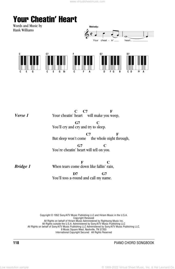 Your Cheatin' Heart sheet music for piano solo (chords, lyrics, melody) by Hank Williams, intermediate piano (chords, lyrics, melody)