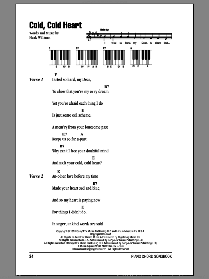 Cold, Cold Heart sheet music for piano solo (chords, lyrics, melody) by Hank Williams, intermediate piano (chords, lyrics, melody)