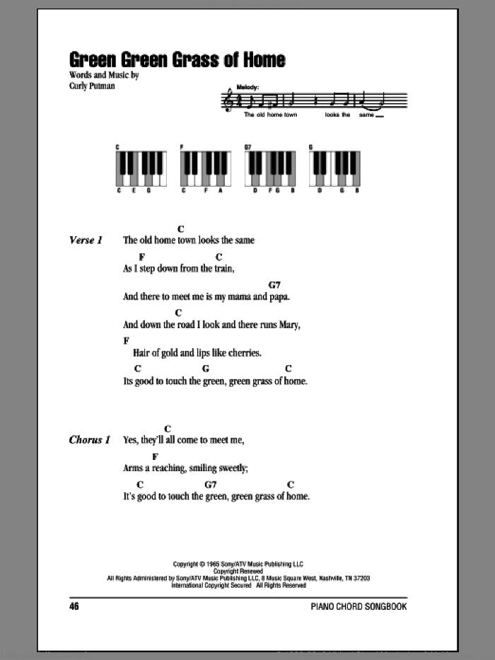 Green Green Grass Of Home sheet music for piano solo (chords, lyrics, melody) by Porter Wagoner and Curly Putman, intermediate piano (chords, lyrics, melody)