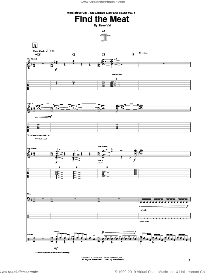 Find The Meat sheet music for guitar (tablature) by Steve Vai, intermediate skill level