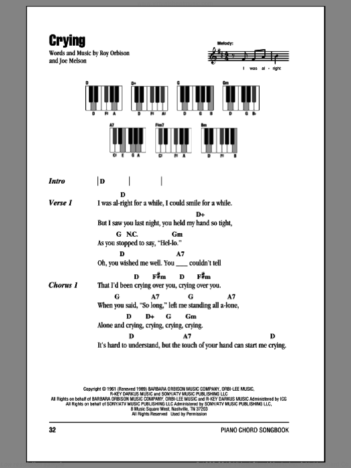Crying sheet music for piano solo (chords, lyrics, melody) by Roy Orbison and Joe Melson, intermediate piano (chords, lyrics, melody)