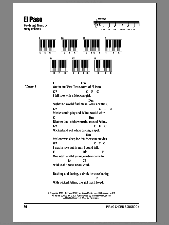 El Paso sheet music for piano solo (chords, lyrics, melody) by Marty Robbins, intermediate piano (chords, lyrics, melody)