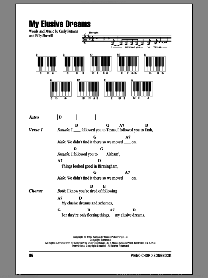 My Elusive Dreams sheet music for piano solo (chords, lyrics, melody) by David Houston & Tammy Wynette, Billy Sherrill and Curly Putman, intermediate piano (chords, lyrics, melody)