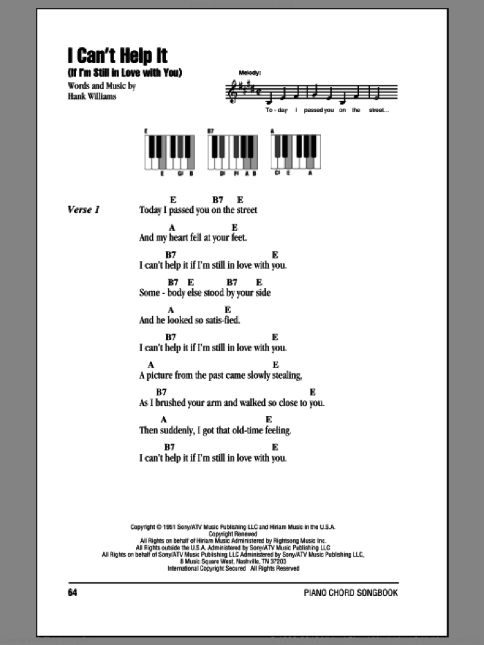I Can't Help It (If I'm Still In Love With You) sheet music for piano solo (chords, lyrics, melody) by Hank Williams, intermediate piano (chords, lyrics, melody)