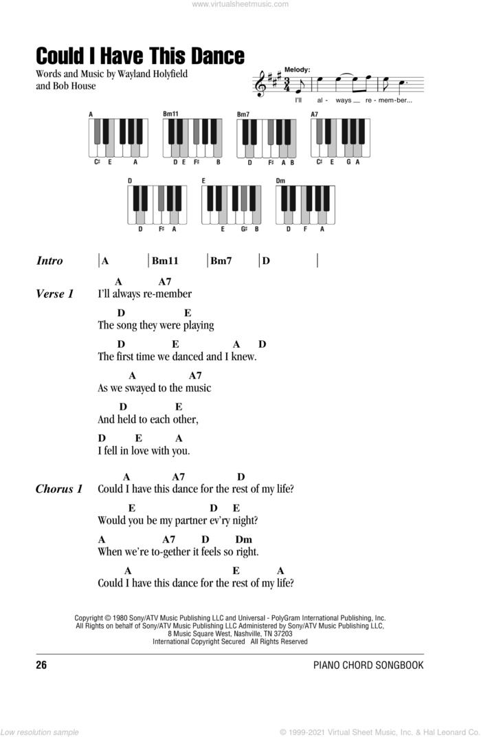 Could I Have This Dance sheet music for piano solo (chords, lyrics, melody) by Anne Murray, Bob House and Wayland Holyfield, wedding score, intermediate piano (chords, lyrics, melody)