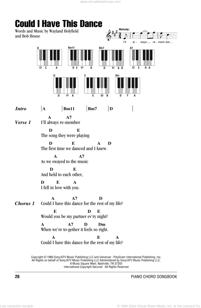 Could I Have This Dance sheet music for piano solo (chords, lyrics, melody) by Anne Murray, Bob House and Wayland Holyfield, wedding score, intermediate piano (chords, lyrics, melody)