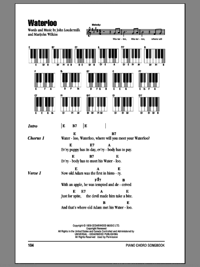 Waterloo sheet music for piano solo (chords, lyrics, melody) by Stonewall Jackson, John Loudermilk and Marijohn Wilkin, intermediate piano (chords, lyrics, melody)