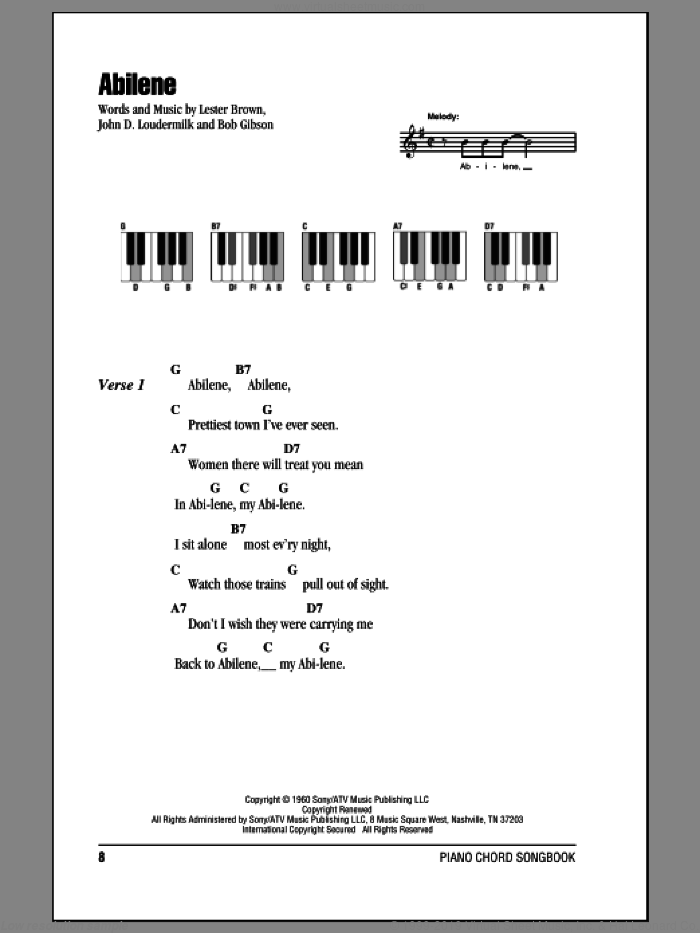 Abilene sheet music for piano solo (chords, lyrics, melody) by George Hamilton IV, Bob Gibson, John D. Loudermilk and Lester Brown, intermediate piano (chords, lyrics, melody)