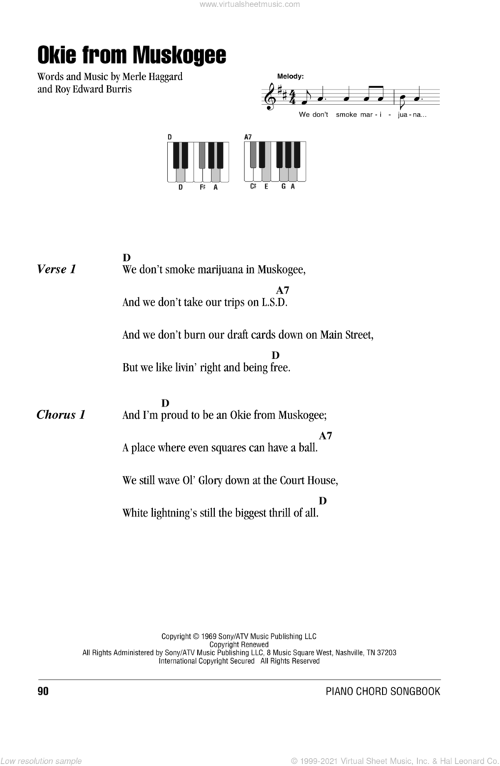 Okie From Muskogee sheet music for piano solo (chords, lyrics, melody) by Merle Haggard and Roy Edward Burris, intermediate piano (chords, lyrics, melody)