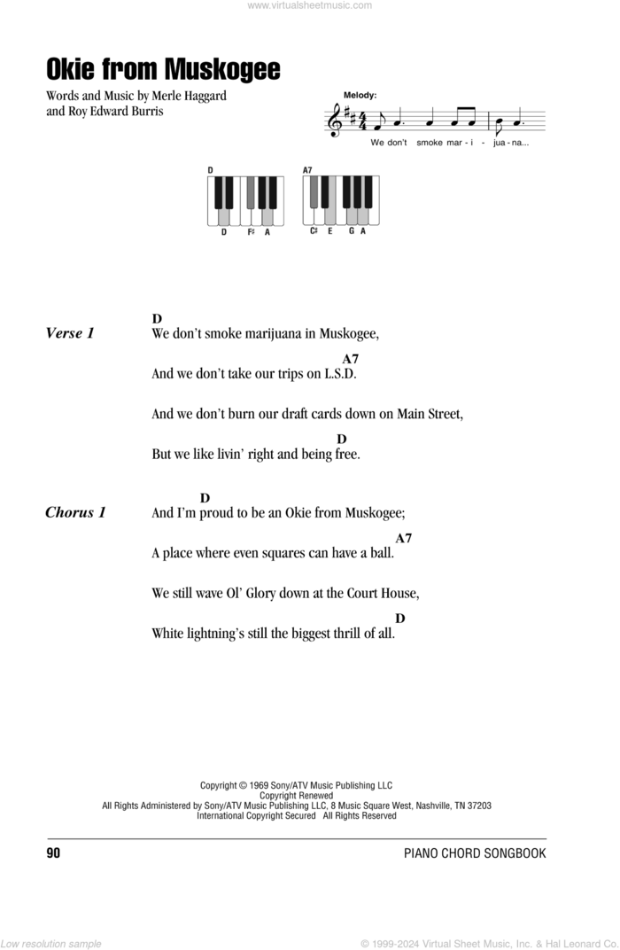 Okie From Muskogee sheet music for piano solo (chords, lyrics, melody) by Merle Haggard and Roy Edward Burris, intermediate piano (chords, lyrics, melody)