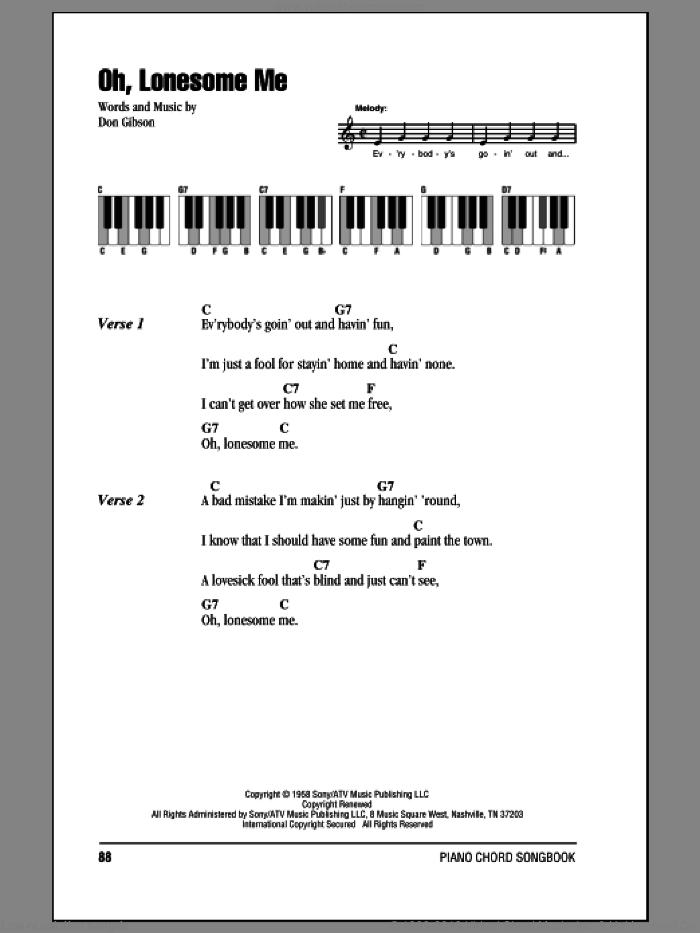 Oh, Lonesome Me sheet music for piano solo (chords, lyrics, melody) by Don Gibson, intermediate piano (chords, lyrics, melody)