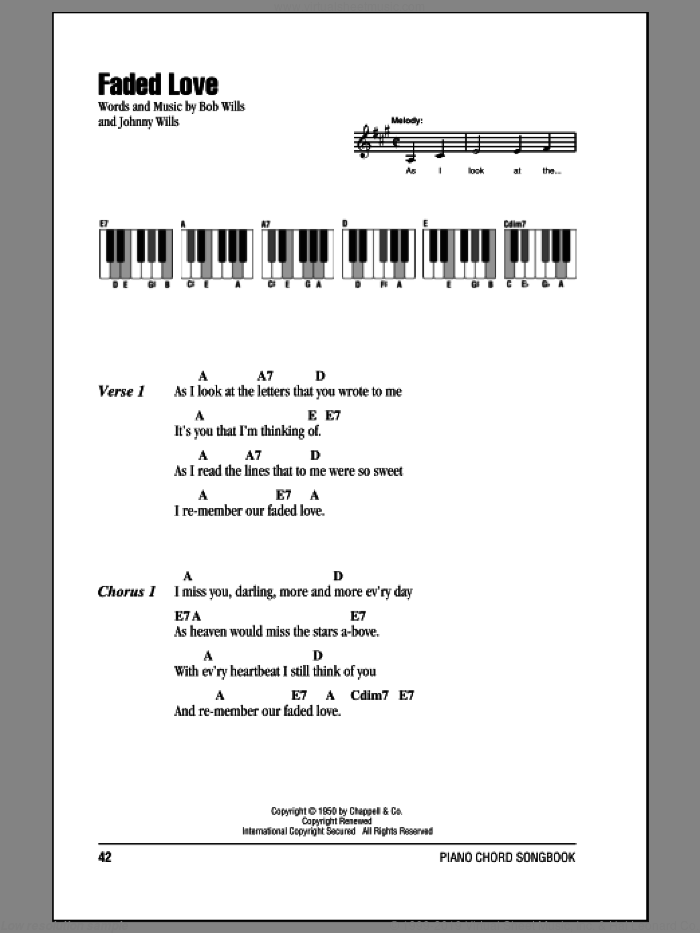 Faded Love sheet music for piano solo (chords, lyrics, melody) by Bob Wills and Johnny Wills, intermediate piano (chords, lyrics, melody)