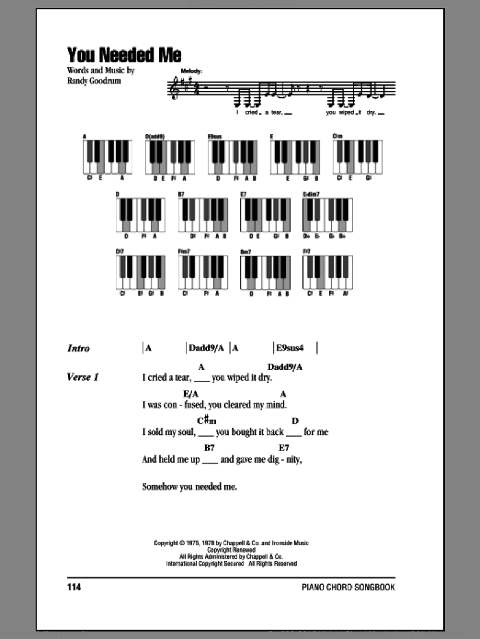 You Needed Me sheet music for piano solo (chords, lyrics, melody) by Anne Murray and Randy Goodrum, intermediate piano (chords, lyrics, melody)