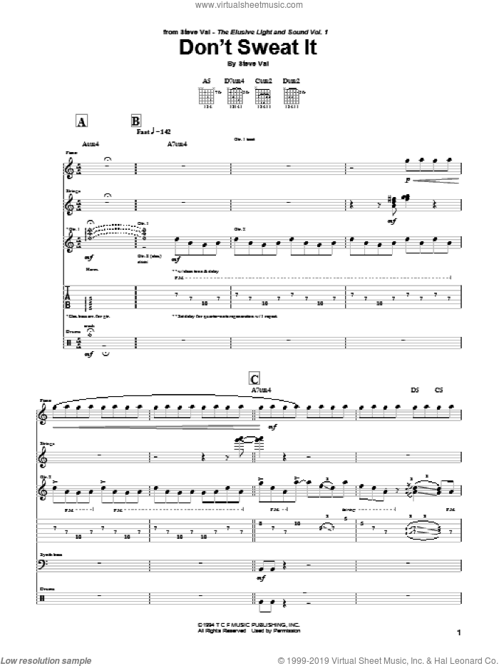 Don't Sweat It sheet music for guitar (tablature) by Steve Vai, intermediate skill level