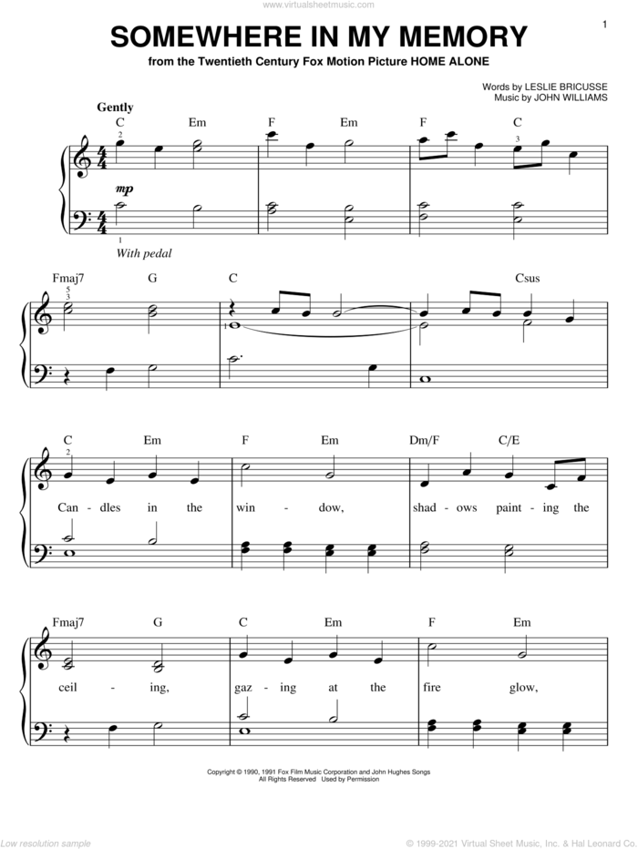 Somewhere In My Memory, (easy) sheet music for piano solo by John Williams, Bette Midler and Leslie Bricusse, easy skill level
