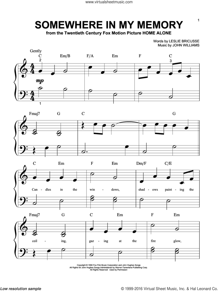 Somewhere In My Memory sheet music for piano solo (big note book) by John Williams, Bette Midler and Leslie Bricusse, easy piano (big note book)