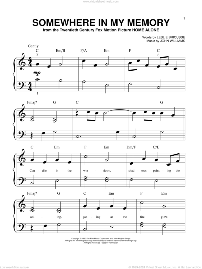 Somewhere In My Memory sheet music for piano solo (big note book) by John Williams, Bette Midler and Leslie Bricusse, easy piano (big note book)