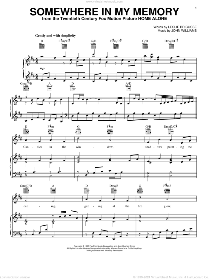 Williams Somewhere In My Memory sheet music for voice, piano or guitar