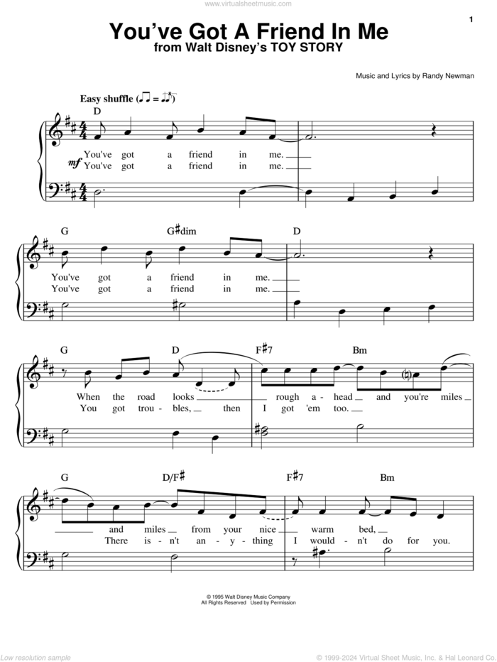 You've Got A Friend In Me (from Toy Story) sheet music for piano solo by Randy Newman and Toy Story (Movie), easy skill level