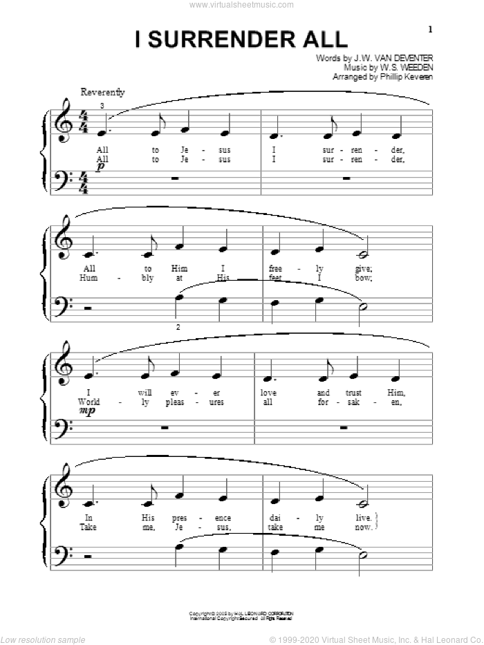 I Surrender All (arr. Phillip Keveren), (beginner) sheet music for piano solo by Judson W. Van De Venter, Phillip Keveren and Winfield S. Weeden, beginner skill level