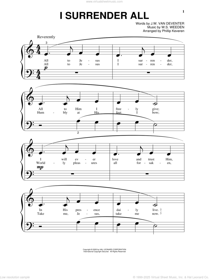 I Surrender All (arr. Phillip Keveren), (beginner) sheet music for piano solo by Judson W. Van De Venter, Phillip Keveren and Winfield S. Weeden, beginner skill level