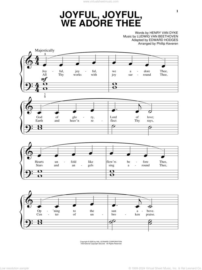 Joyful, Joyful, We Adore Thee (arr. Phillip Keveren) sheet music for piano solo by Ludwig van Beethoven, Phillip Keveren, Edward Hodges and Henry van Dyke, classical wedding score, beginner skill level