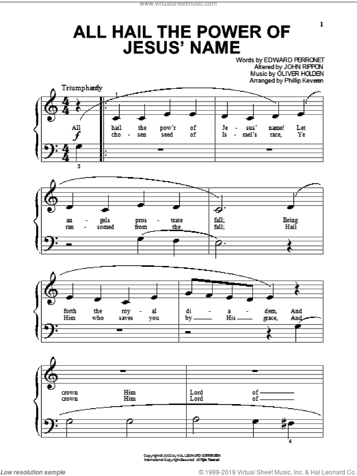 All Hail The Power Of Jesus' Name (arr. Phillip Keveren) sheet music for piano solo by Edward Perronet, Phillip Keveren, John Rippon and Oliver Holden, beginner skill level