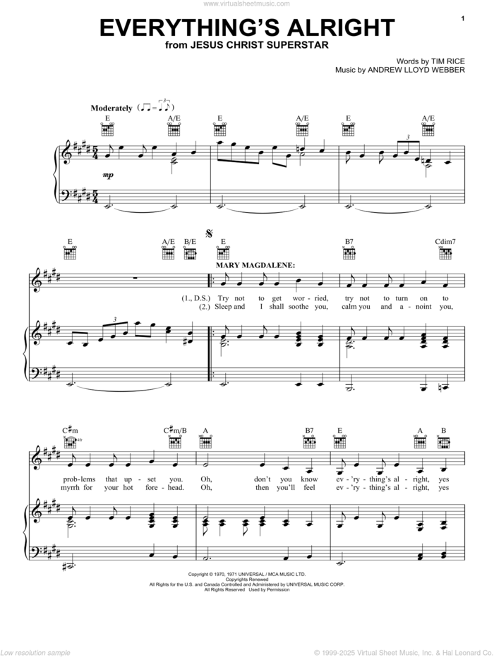 Everything's Alright (from Jesus Christ Superstar) sheet music for voice, piano or guitar by Andrew Lloyd Webber, Jesus Christ Superstar (Musical), Yvonne Elliman and Tim Rice, intermediate skill level