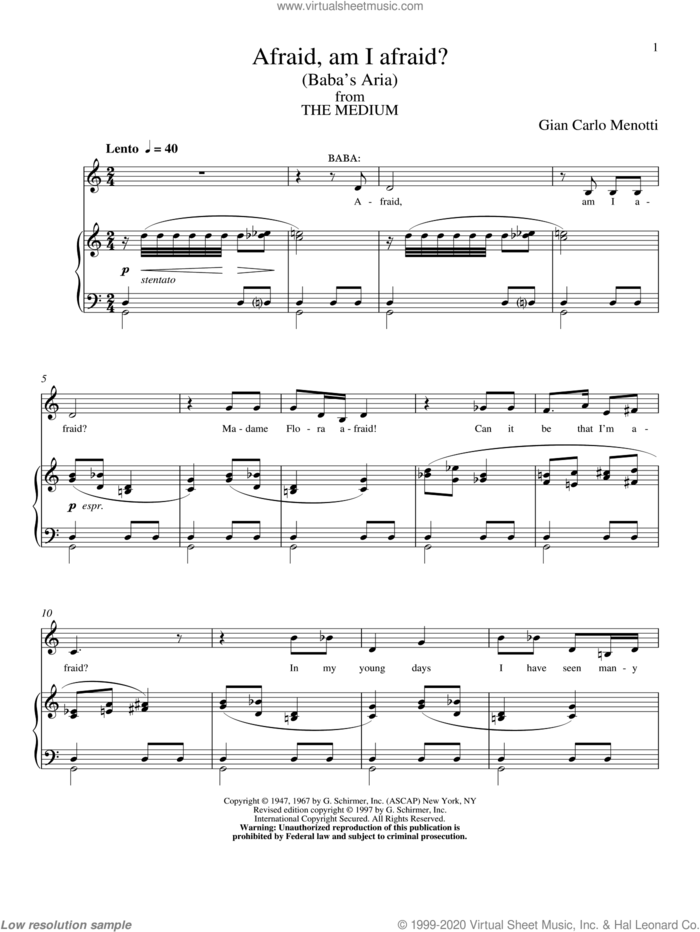 Afraid, Am I Afraid? (Baba's Aria) sheet music for voice and piano by Gian Carlo Menotti, classical score, intermediate skill level