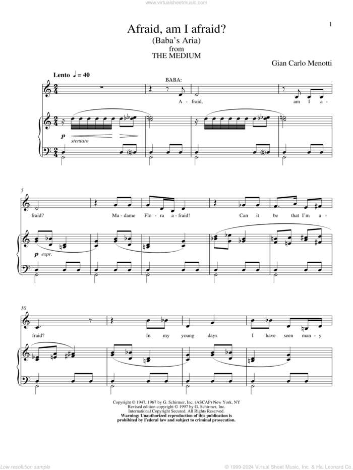 Afraid, Am I Afraid? (Baba's Aria) sheet music for voice and piano by Gian Carlo Menotti, classical score, intermediate skill level