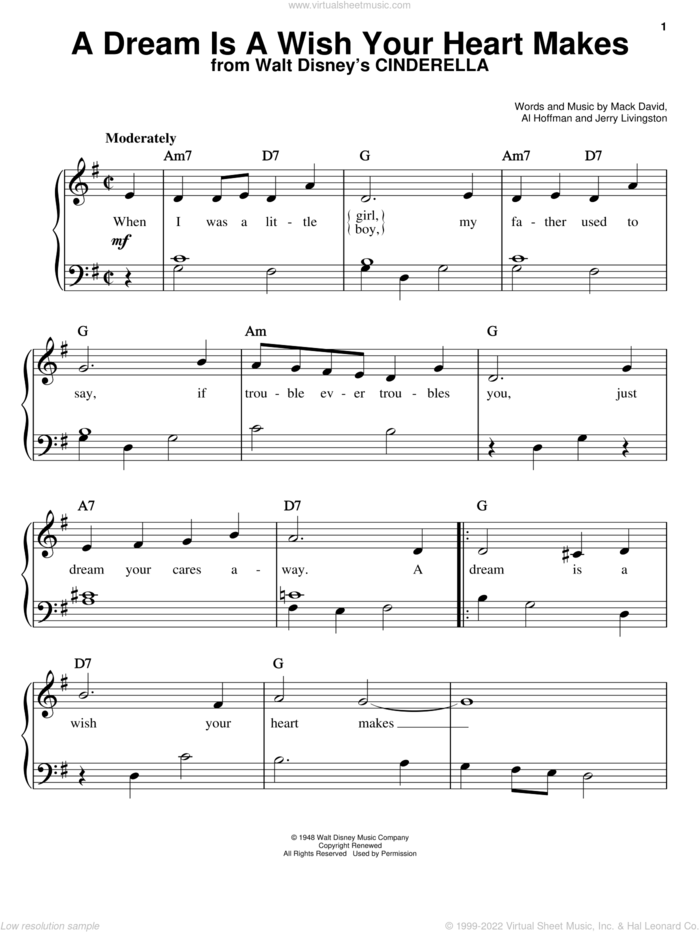 A Dream Is A Wish Your Heart Makes (from Cinderella), (easy) sheet music for piano solo by Al Hoffman, Ilene Woods, Linda Ronstadt, Jerry Livingston and Mack David, wedding score, easy skill level