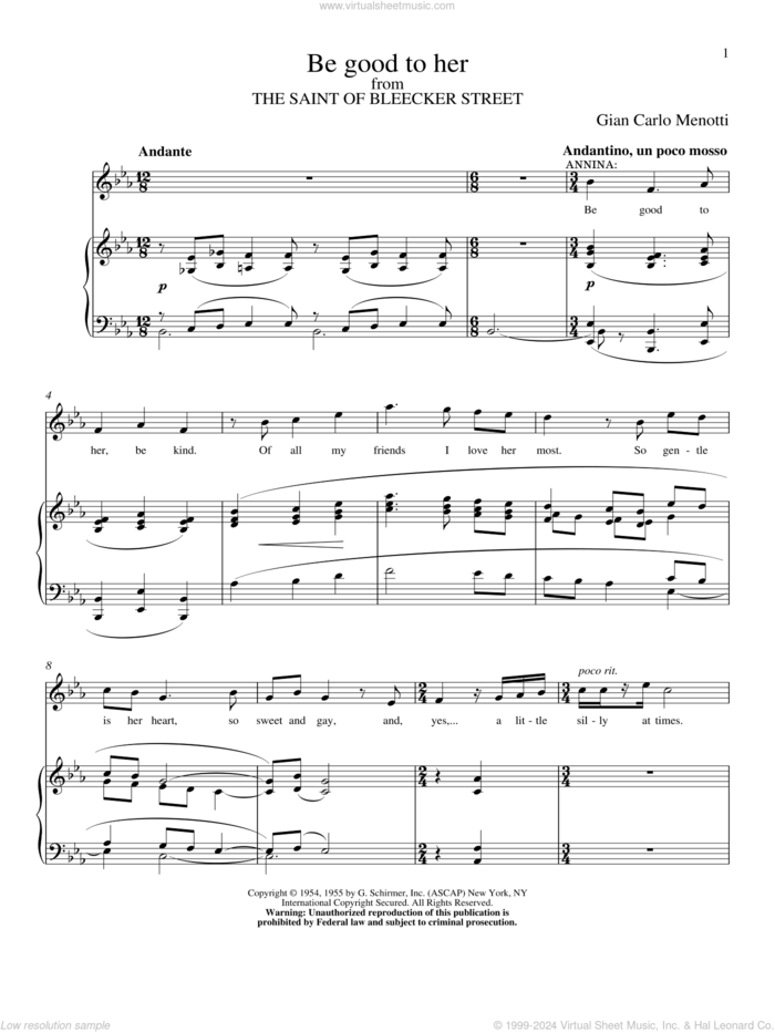 Be Good To Her sheet music for voice and piano by Gian Carlo Menotti, classical score, intermediate skill level