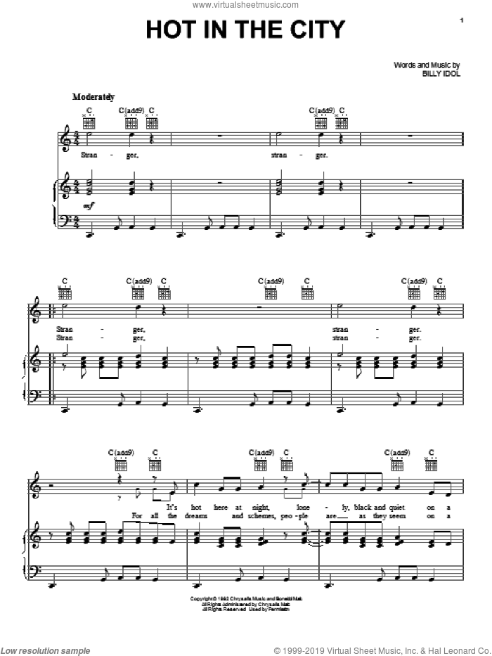 Hot In The City sheet music for voice, piano or guitar by Billy Idol, intermediate skill level