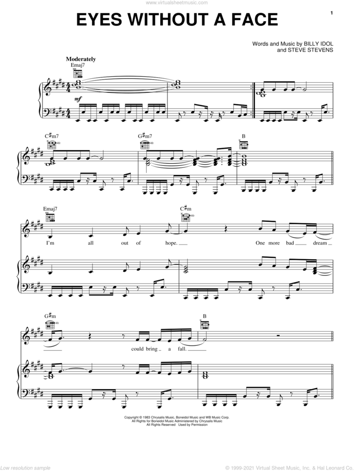 Eyes Without A Face sheet music for voice, piano or guitar by Billy Idol and Steve Stevens, intermediate skill level